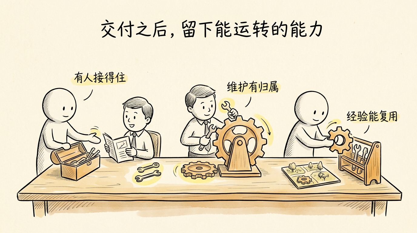现场需求经"通用性"分流，一支流向客户代码库，一支回流共享平台形成复利